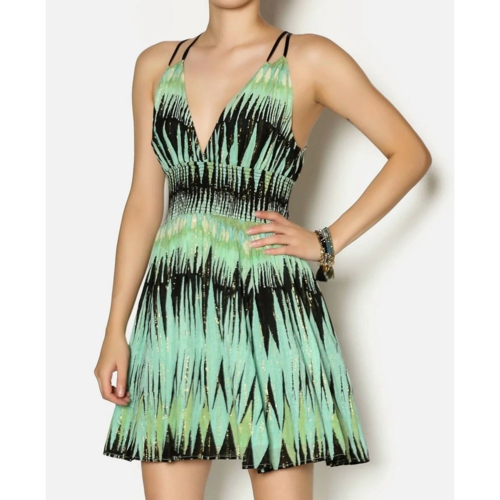 Free People Mint Green Black Gold Metallic Geometric Smocked Mini Dress Small‎